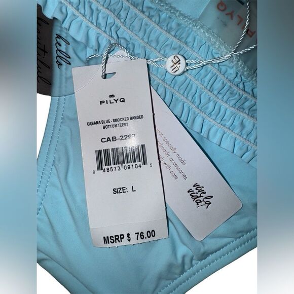 Pilyq Platinum NWT Smocked Banded Teeny Bikini Bottom in Cabana Blue Size Large - Picture 6 of 6